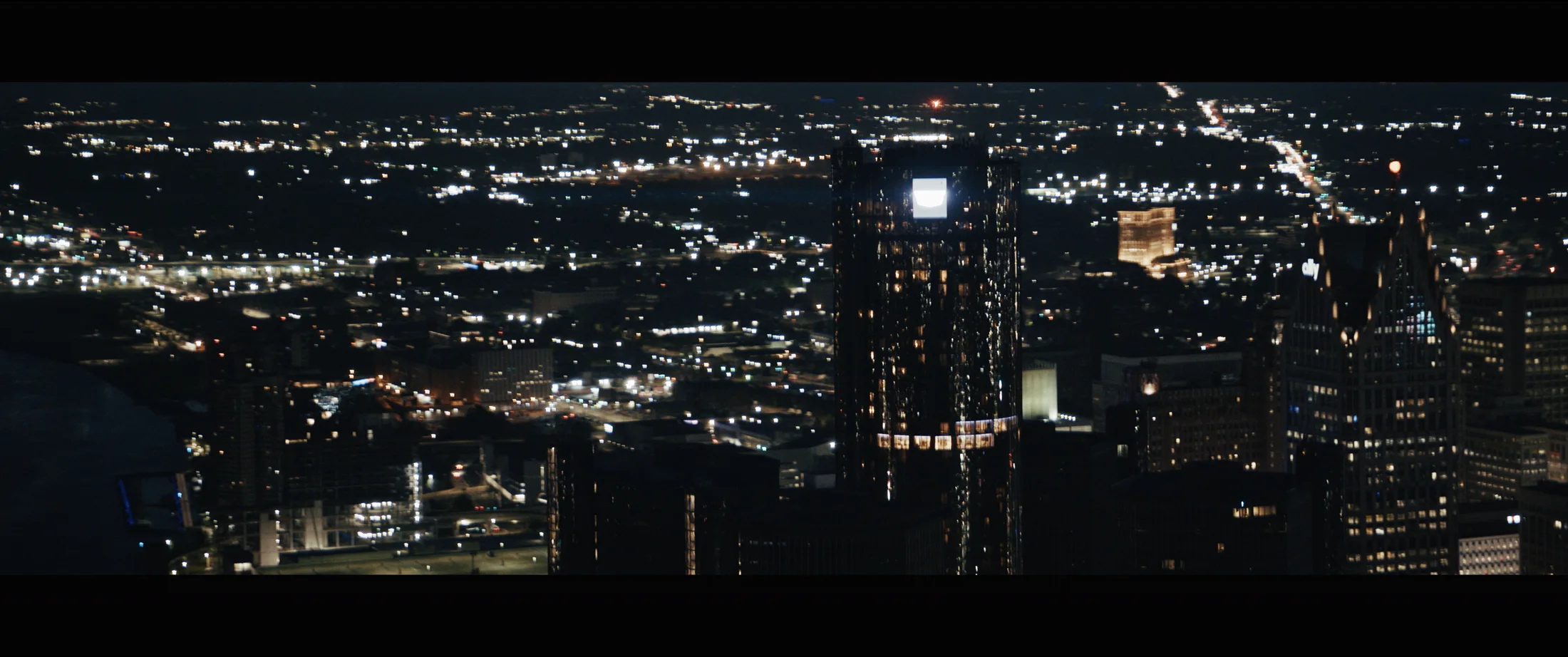 Nighttime aerial photography of downtown Detroit captured for Sugar Boys